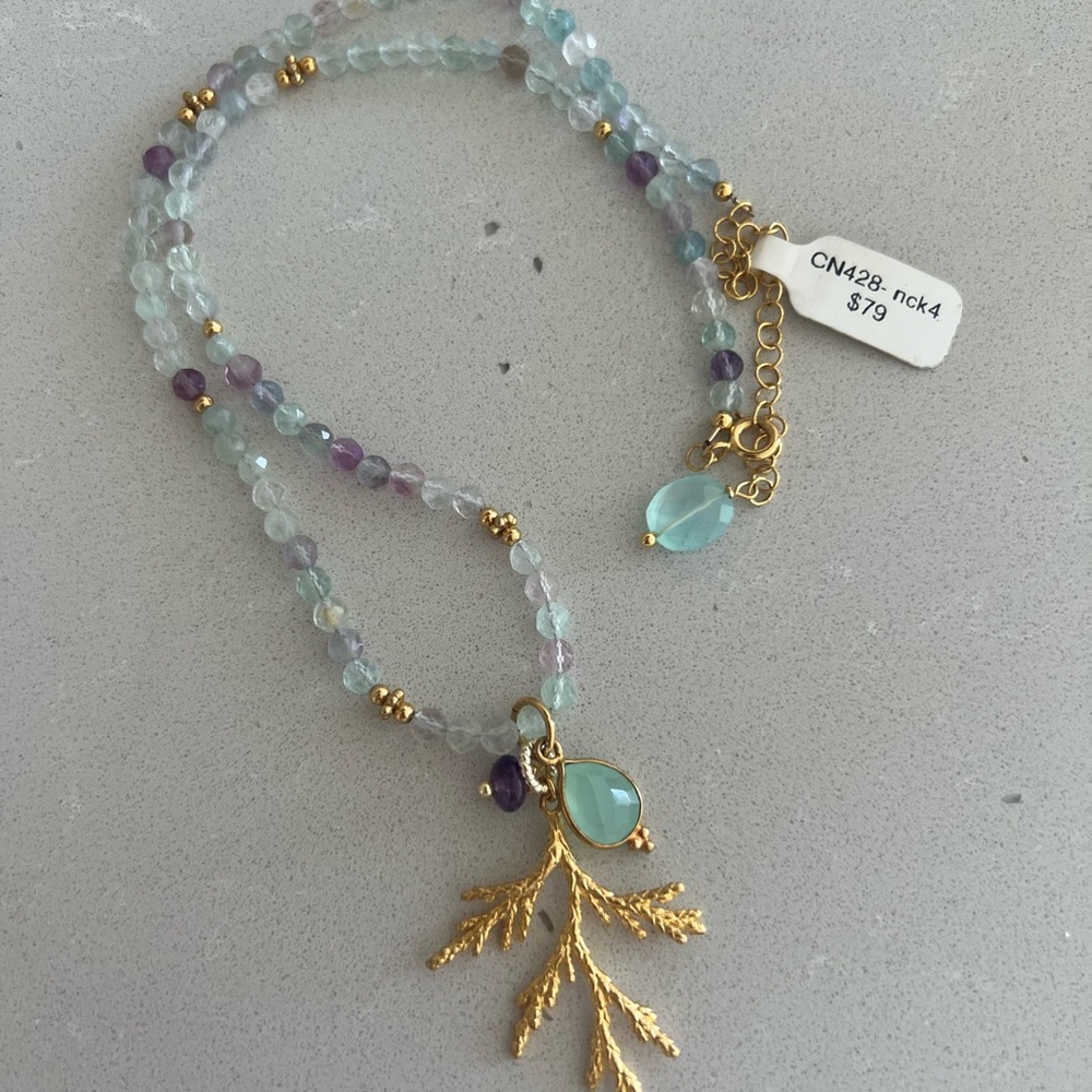 Delicate Gold Leaf Pendant Necklace with Aquamarine colored and Purple Beads